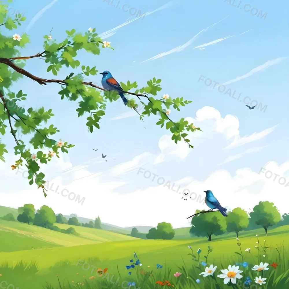 A Bird Perched On A Branch With Flowers Rolling Green Hills With Trees And Flowers Blue Sky With Clouds Butterflies Flying Around Sunny Day In The Countryside 3 11b4