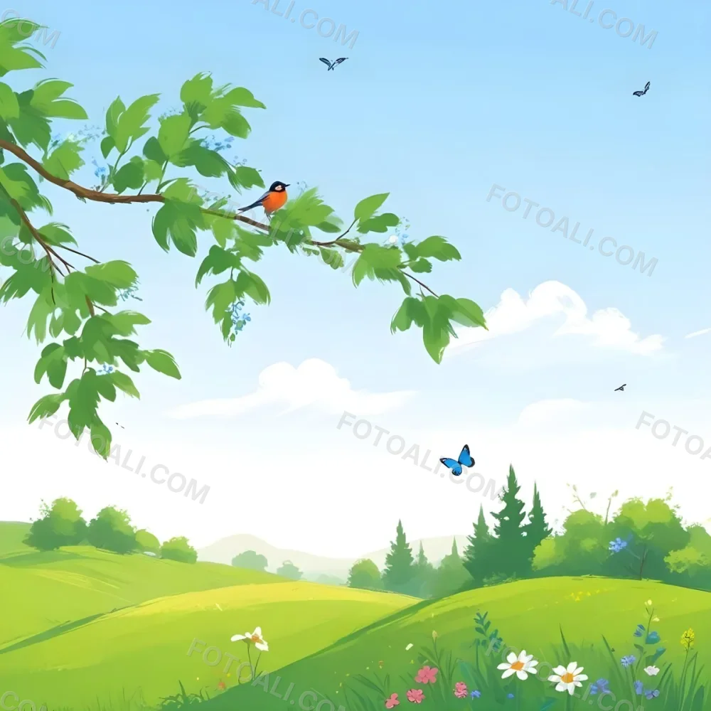 A Bird Perched On A Branch With Flowers Rolling Green Hills With Trees And Flowers Blue Sky With Clouds Butterflies Flying Around Sunny Day In The Countryside 5 Ec99