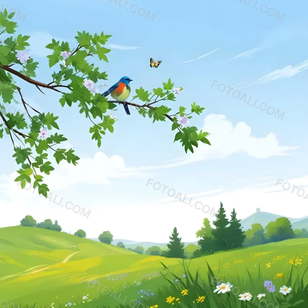 A Bird Perched On A Branch With Flowers Rolling Green Hills With Trees And Flowers Blue Sky With Clouds Butterflies Flying Around Sunny Day In The Countryside 7 3af4