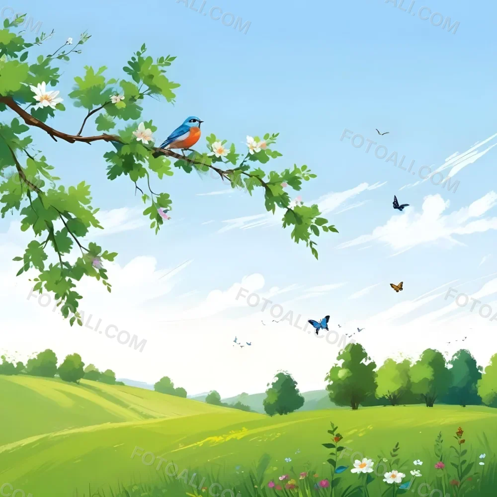 A Bird Perched On A Branch With Flowers Rolling Green Hills With Trees And Flowers Blue Sky With Clouds Butterflies Flying Around Sunny Day In The Countryside 8 3a3f