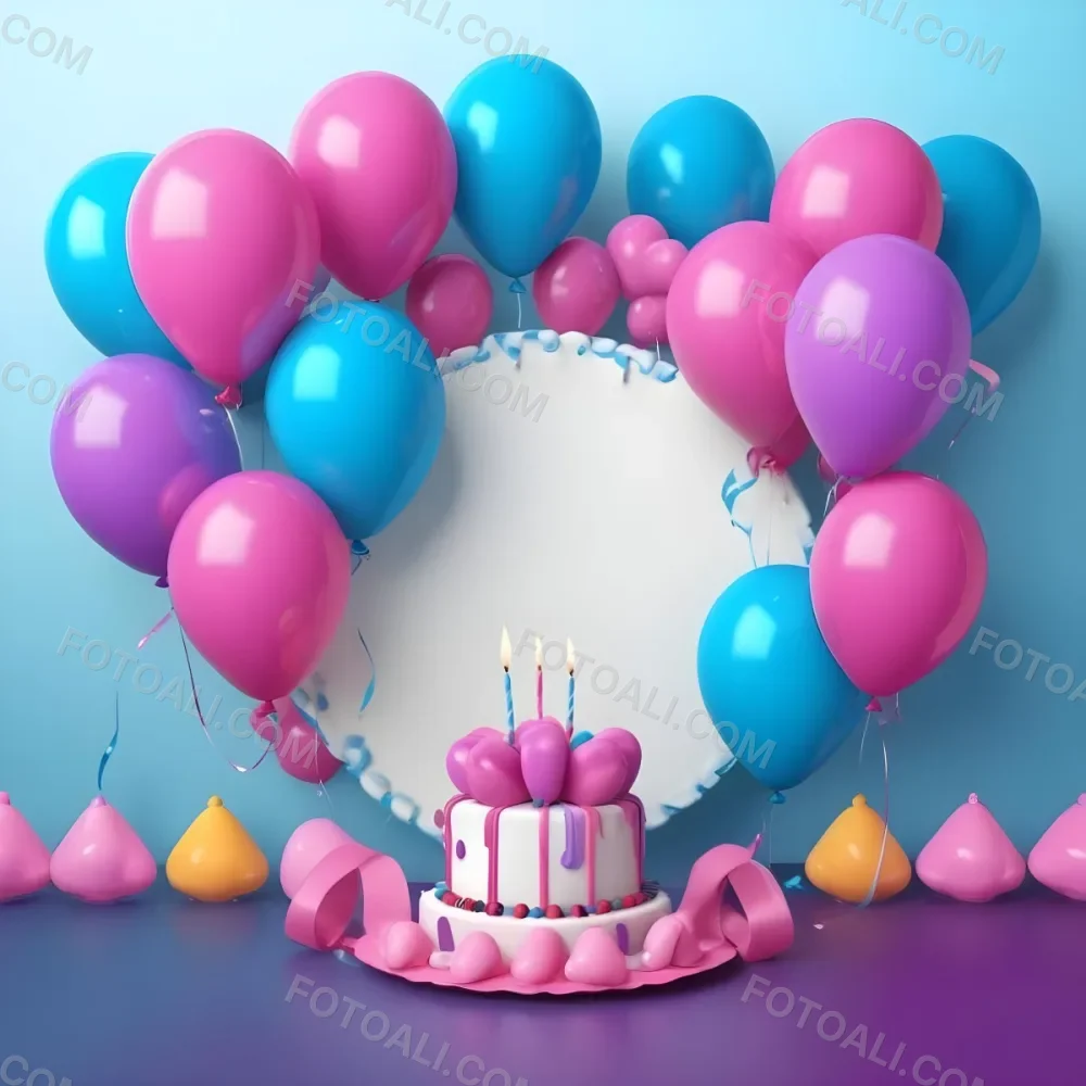 A Birthday Cake With Blue Ribbon And Balloons In A Blue Background 1 Bfba