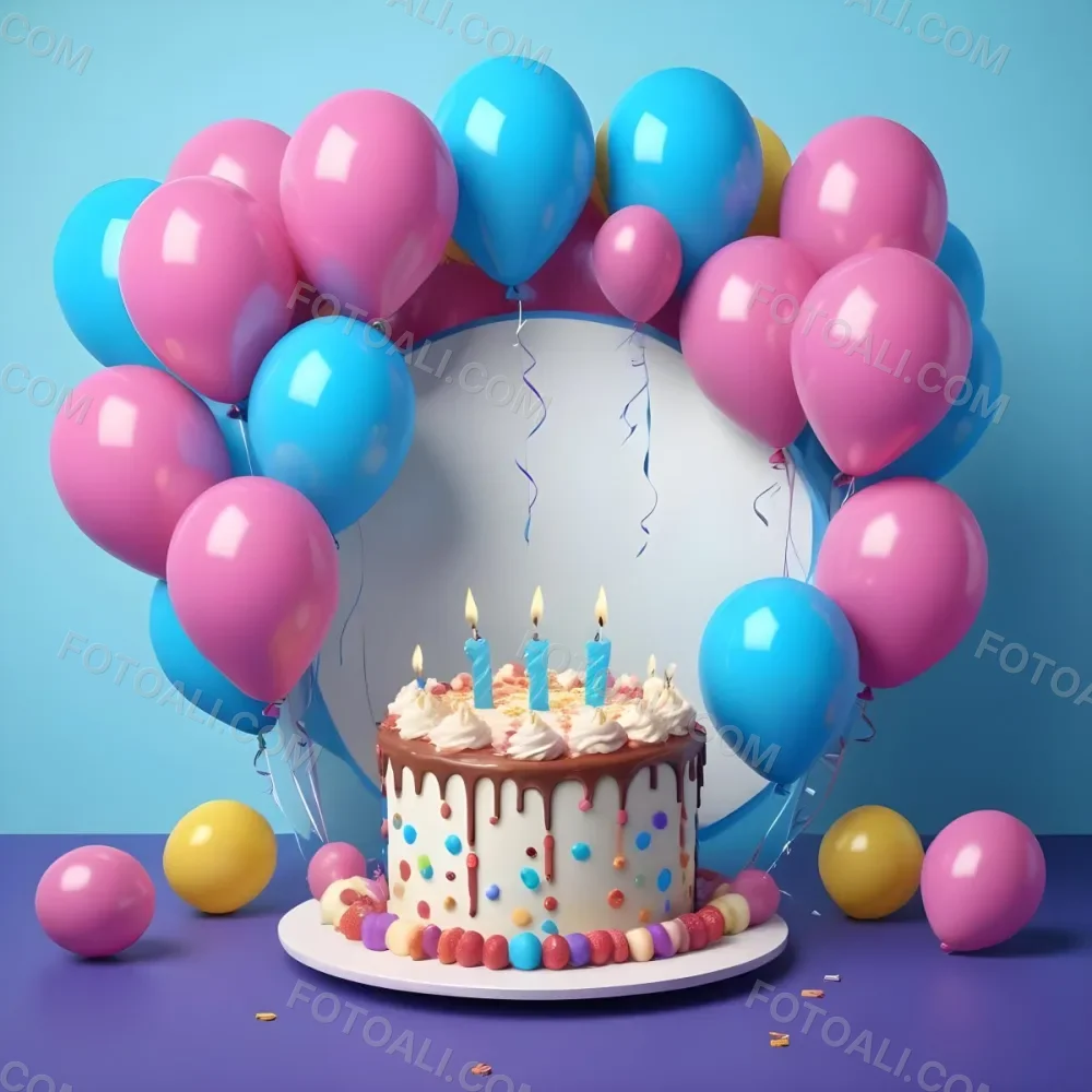A Birthday Cake With Blue Ribbon And Balloons In A Blue Background 19 3c8a