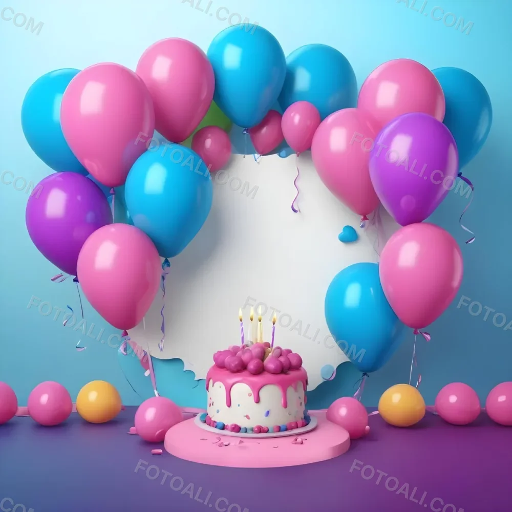 A Birthday Cake With Blue Ribbon And Balloons In A Blue Background 20 2e0e