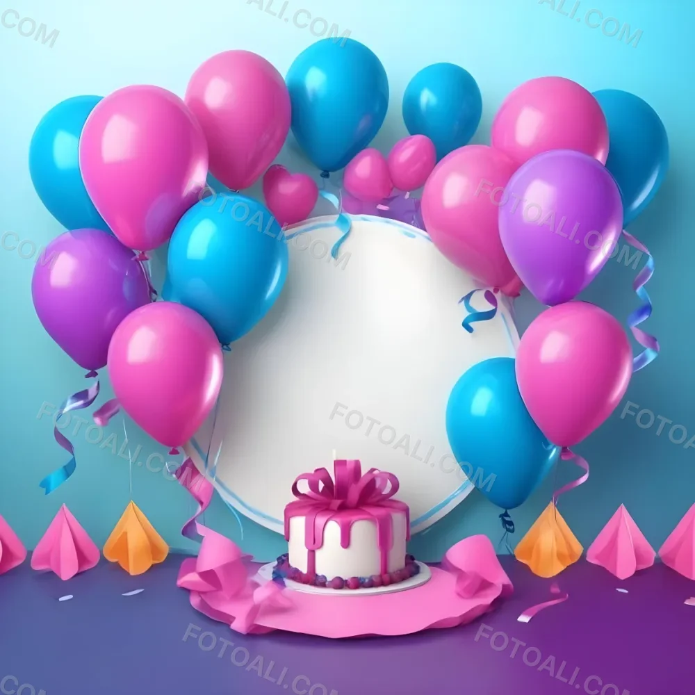 A Birthday Cake With Blue Ribbon And Balloons In A Blue Background 22 8a5c