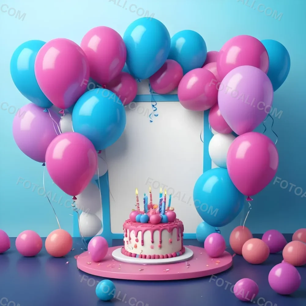 A Birthday Cake With Blue Ribbon And Balloons In A Blue Background 3 601a