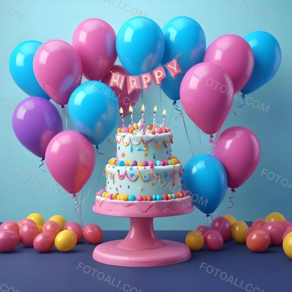 A Birthday Cake With Blue Ribbon And Balloons In A Blue Background 4 5930