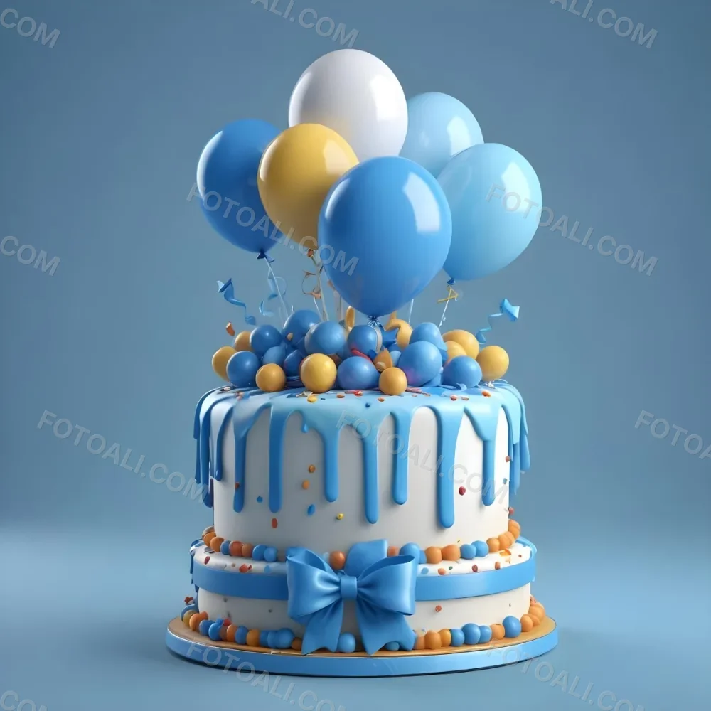 A Birthday Cake With Blue Ribbon And Balloons In A Blue Background 5 2793
