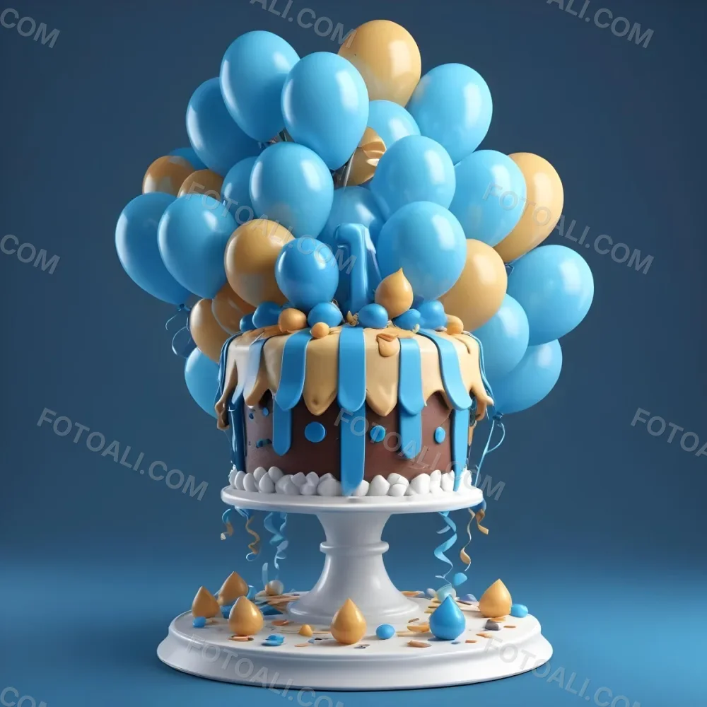 A Birthday Cake With Blue Ribbon And Balloons In A Blue Background 6 8d34
