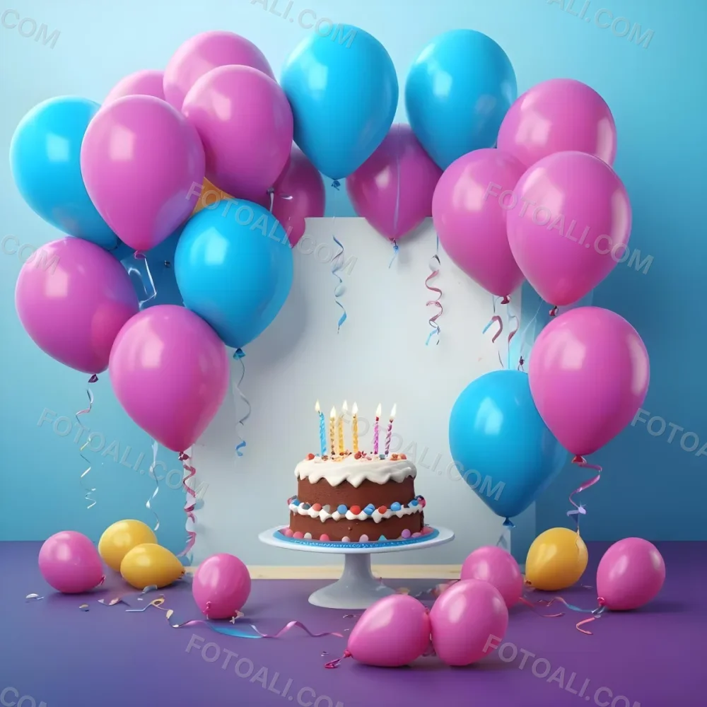 A Birthday Cake With Blue Ribbon And Balloons In A Blue Background 7 861b