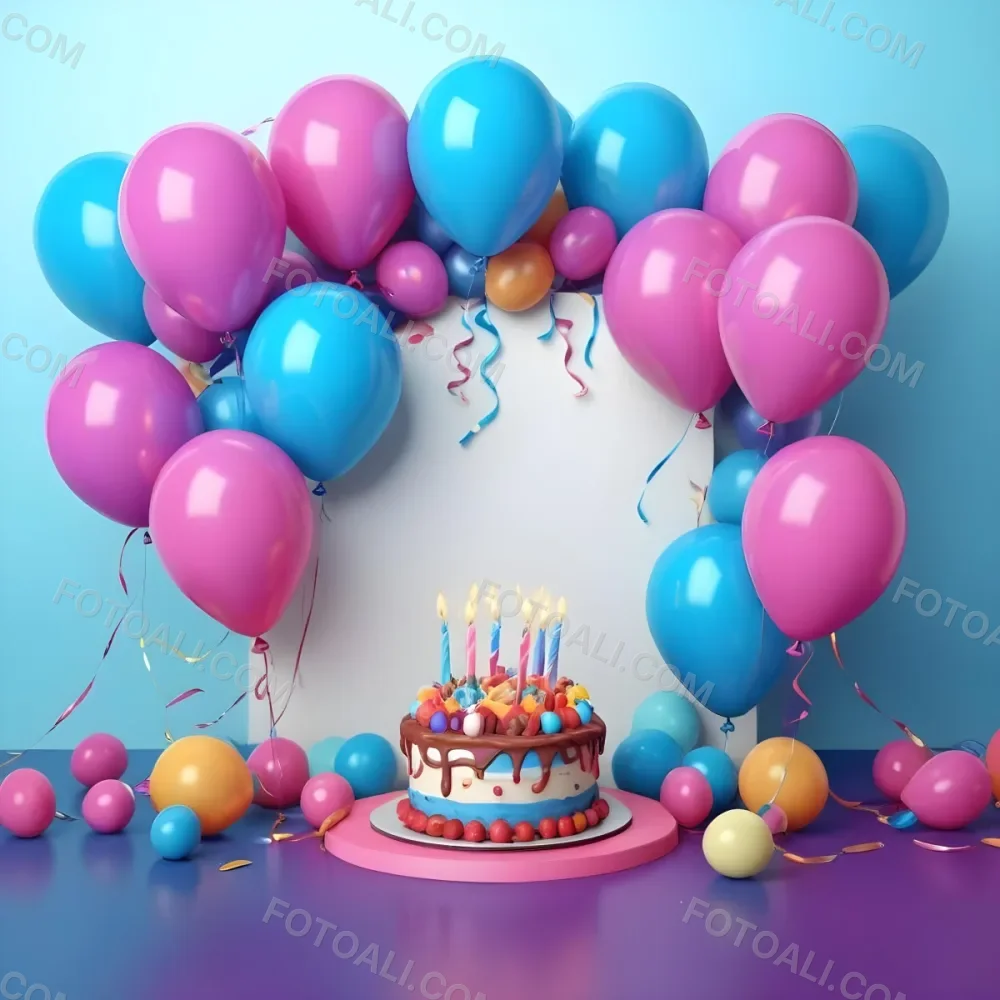 A Birthday Cake With Blue Ribbon And Balloons In A Blue Background 8 Ff03