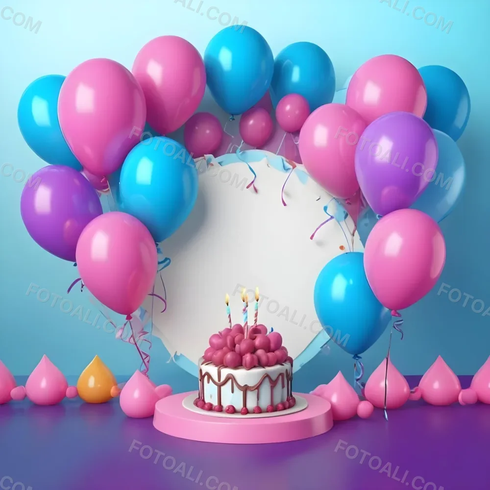 A Birthday Cake With Blue Ribbon And Balloons In A Blue Background 9 29f1