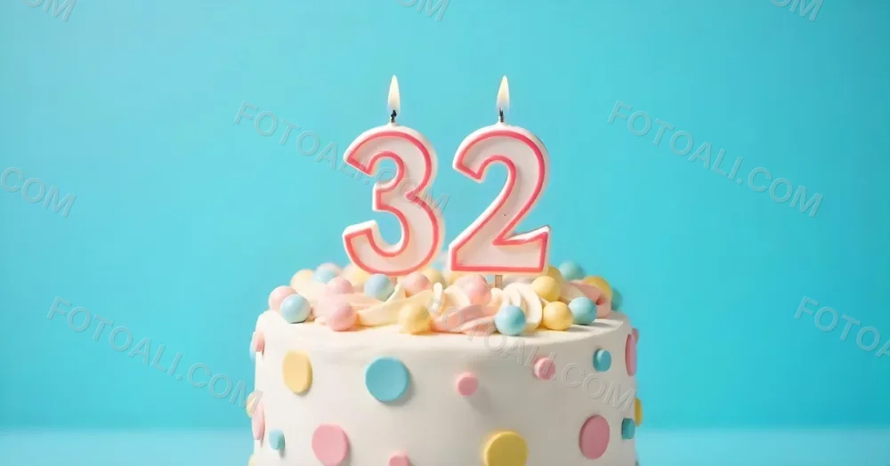 A Birthday Cake With Pastel Colors And A Number 32 Candle On Top In Front Of A Blue Background 1 Ae4d