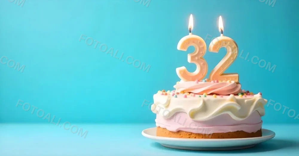A Birthday Cake With Pastel Colors And A Number 32 Candle On Top In Front Of A Blue Background 13 036c