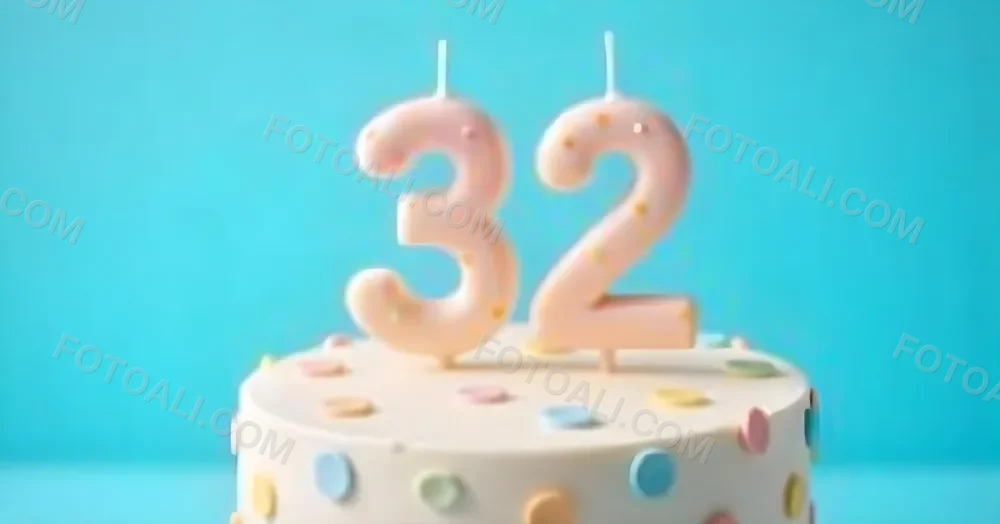 A Birthday Cake With Pastel Colors And A Number 32 Candle On Top In Front Of A Blue Background 15 482d