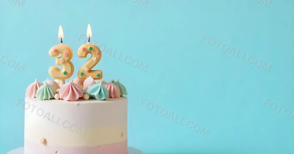 A Birthday Cake With Pastel Colors And A Number 32 Candle On Top In Front Of A Blue Background 22 B660