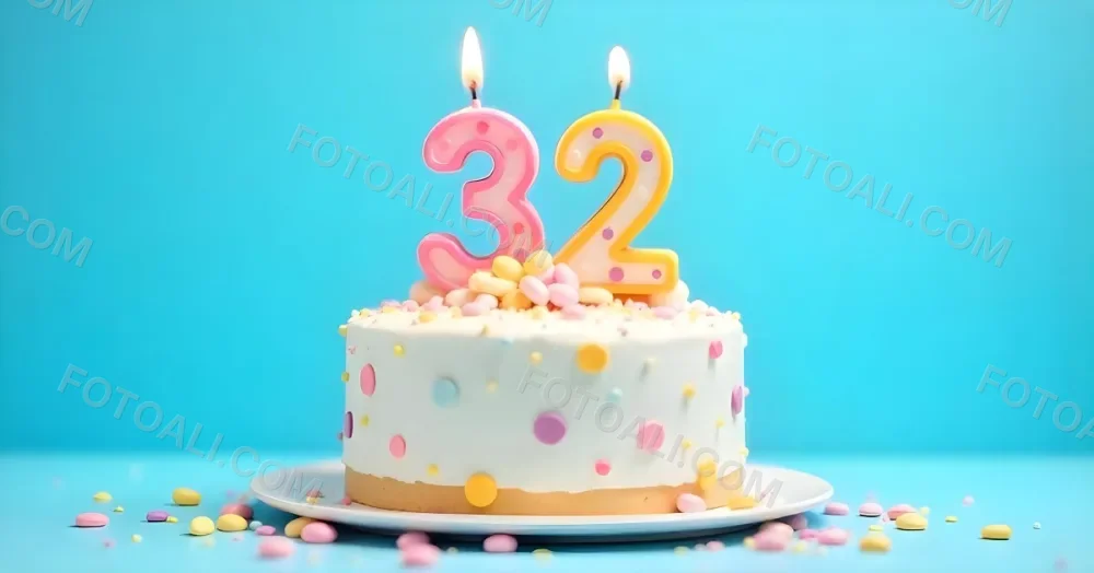 A Birthday Cake With Pastel Colors And A Number 32 Candle On Top In Front Of A Blue Background 23 E690