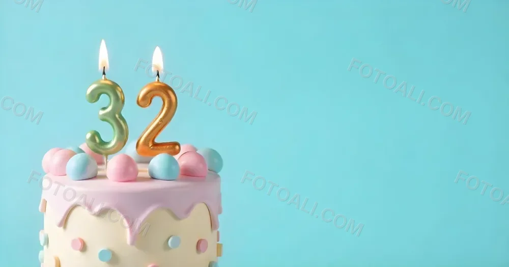 A Birthday Cake With Pastel Colors And A Number 32 Candle On Top In Front Of A Blue Background 24 Cfb8