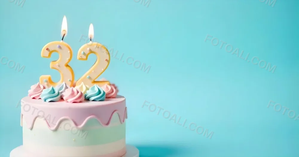 A Birthday Cake With Pastel Colors And A Number 32 Candle On Top In Front Of A Blue Background 26 Fd93