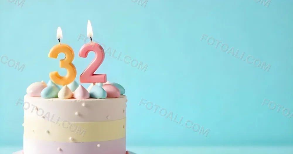 A Birthday Cake With Pastel Colors And A Number 32 Candle On Top In Front Of A Blue Background 27 37b8