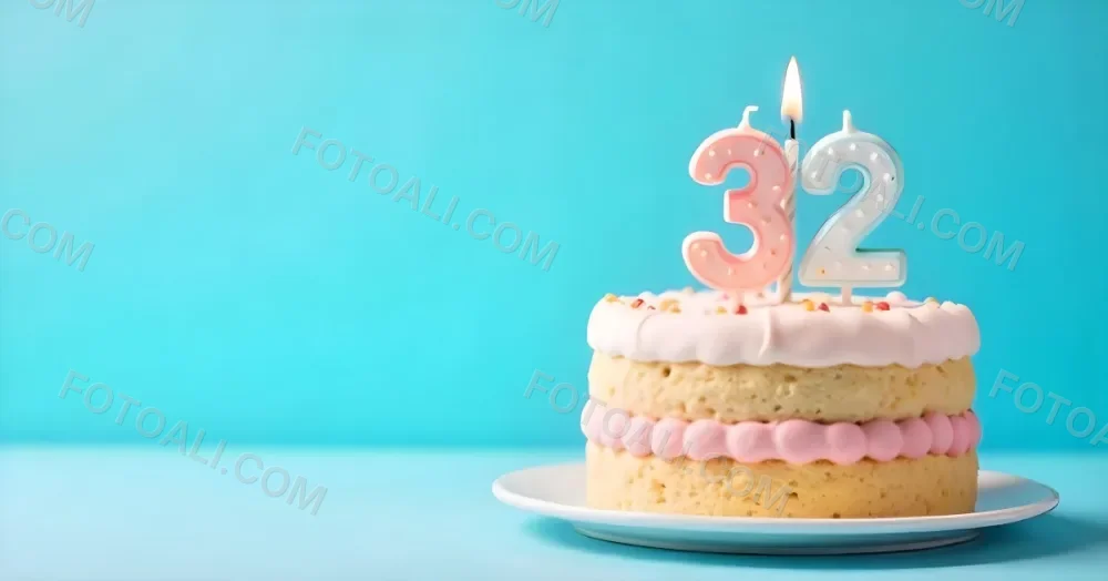A Birthday Cake With Pastel Colors And A Number 32 Candle On Top In Front Of A Blue Background 3 F35c