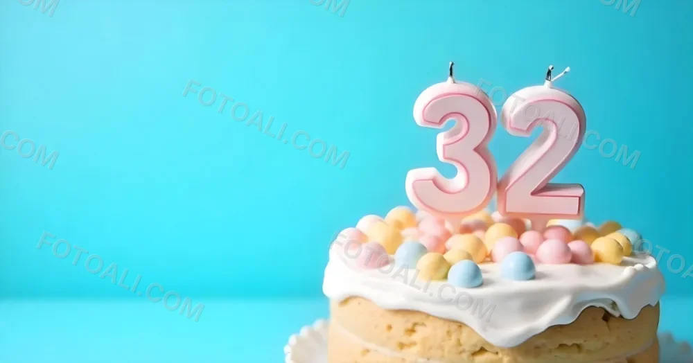 A Birthday Cake With Pastel Colors And A Number 32 Candle On Top In Front Of A Blue Background 4 4024