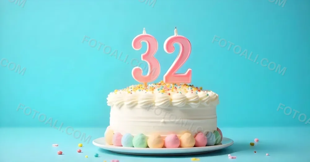 A Birthday Cake With Pastel Colors And A Number 32 Candle On Top In Front Of A Blue Background 5 0c99