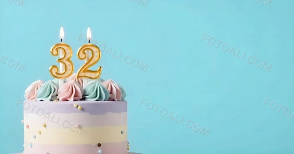 A Birthday Cake With Pastel Colors And A Number 32 Candle On Top In Front Of A Blue Background 8 17f6