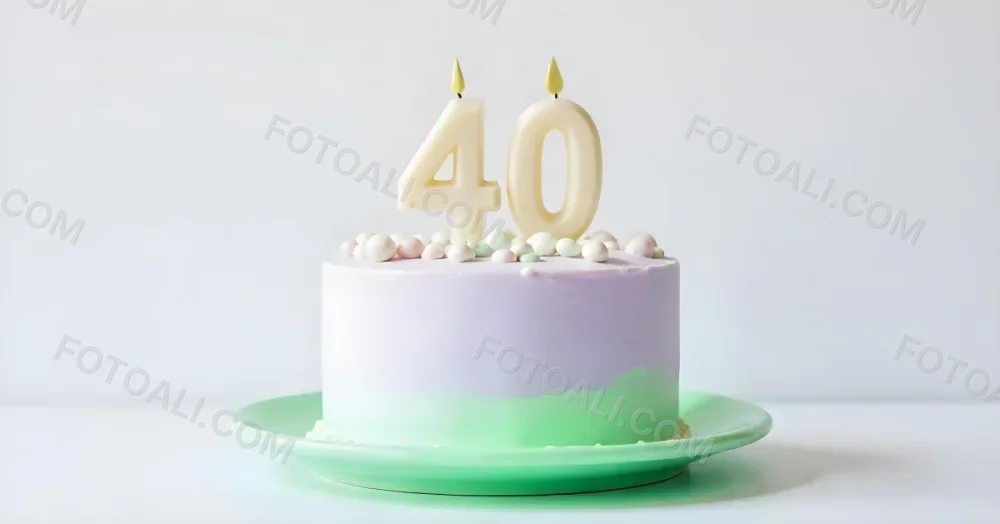 A Birthday Cake With Pastel Colors And Number 40 Candles On A Green Plate Light Purple And Green Frosting Plain White Background 10 57a4