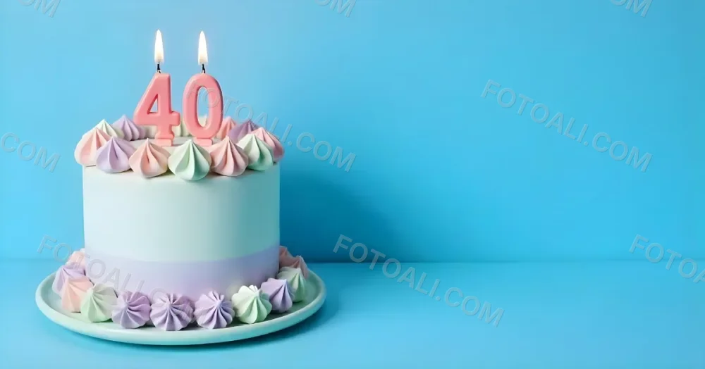 A Birthday Cake With Pastel Colors And Number 40 Candles On A Green Plate Light Purple And Green Frosting Plain White Background 12 A687