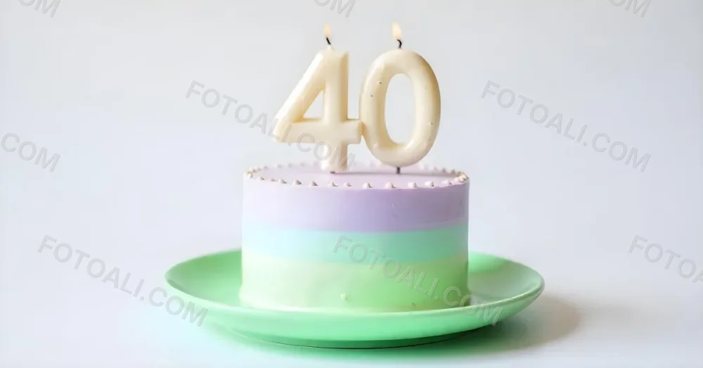 A Birthday Cake With Pastel Colors And Number 40 Candles On A Green Plate Light Purple And Green Frosting Plain White Background 15 B262