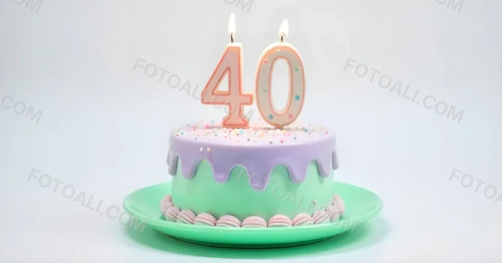 A Birthday Cake With Pastel Colors And Number 40 Candles On A Green Plate Light Purple And Green Frosting Plain White Background 16 Facc