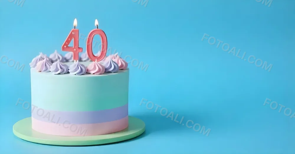 A Birthday Cake With Pastel Colors And Number 40 Candles On A Green Plate Light Purple And Green Frosting Plain White Background 17 3a07