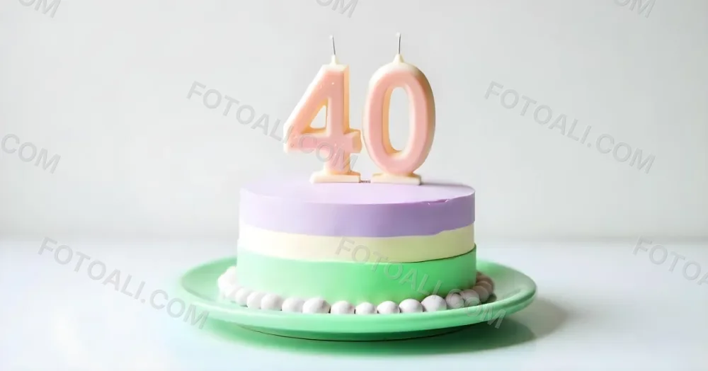 A Birthday Cake With Pastel Colors And Number 40 Candles On A Green Plate Light Purple And Green Frosting Plain White Background 19 2739