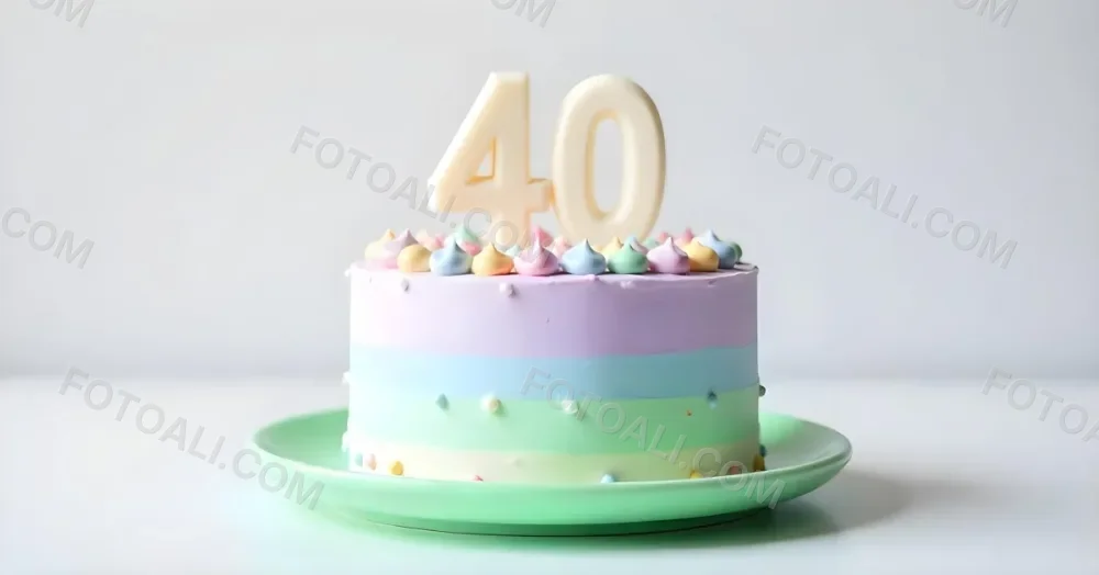 A Birthday Cake With Pastel Colors And Number 40 Candles On A Green Plate Light Purple And Green Frosting Plain White Background 2 0750