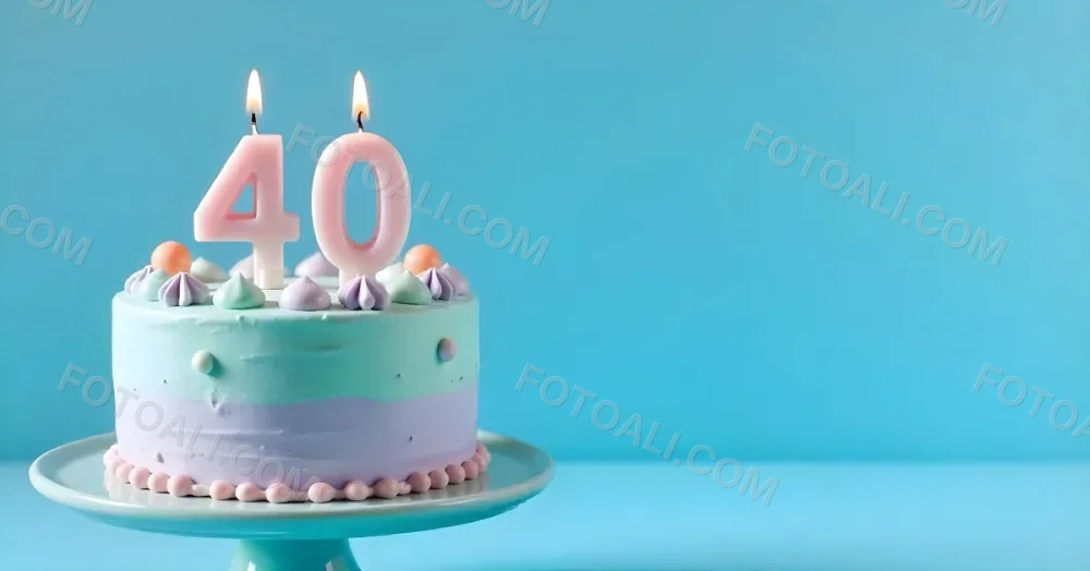 A Birthday Cake With Pastel Colors And Number 40 Candles On A Green Plate Light Purple And Green Frosting Plain White Background 21 93b7