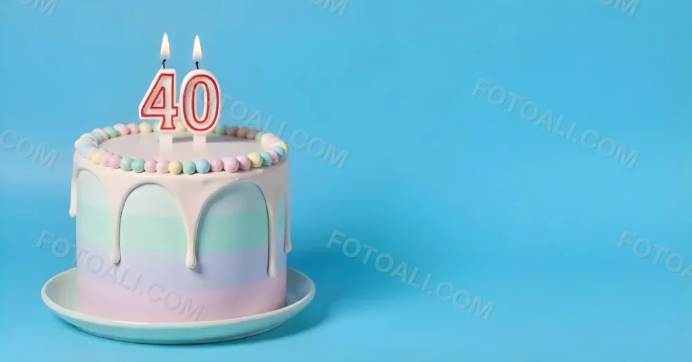 A Birthday Cake With Pastel Colors And Number 40 Candles On A Green Plate Light Purple And Green Frosting Plain White Background 23 6e07