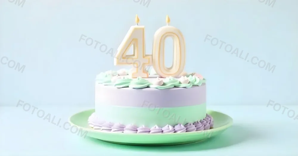 A Birthday Cake With Pastel Colors And Number 40 Candles On A Green Plate Light Purple And Green Frosting Plain White Background 3 1e57