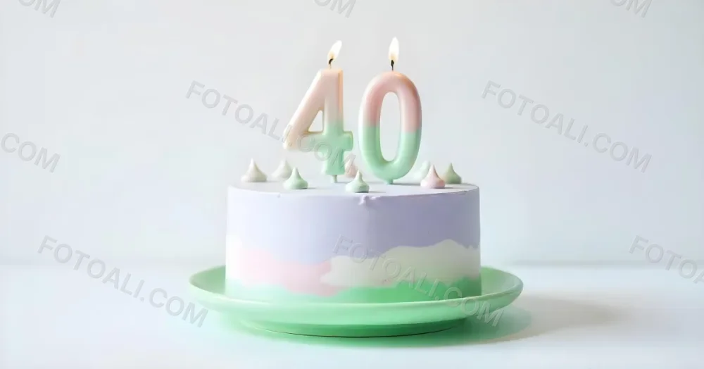 A Birthday Cake With Pastel Colors And Number 40 Candles On A Green Plate Light Purple And Green Frosting Plain White Background 5 546e