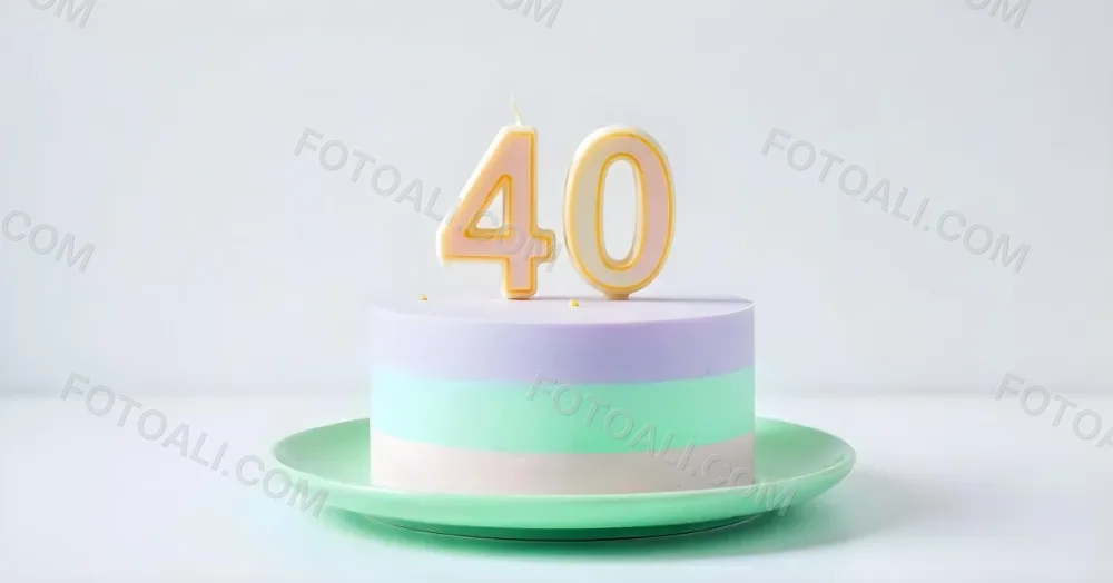 A Birthday Cake With Pastel Colors And Number 40 Candles On A Green Plate Light Purple And Green Frosting Plain White Background 6 C890