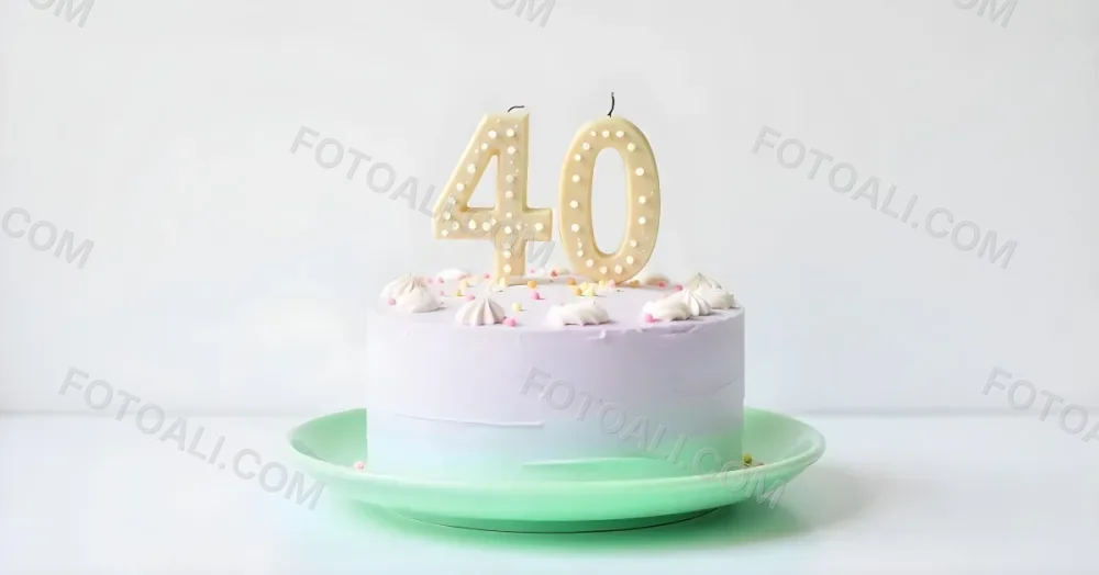 A Birthday Cake With Pastel Colors And Number 40 Candles On A Green Plate Light Purple And Green Frosting Plain White Background 8 75c7