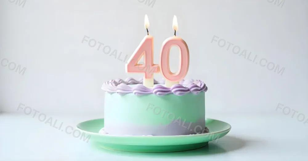 A Birthday Cake With Pastel Colors And Number 40 Candles On A Green Plate Light Purple And Green Frosting Plain White Background 9 C900