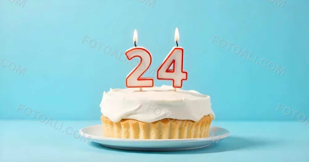 A Birthday Cake With White Frosting And A Candle In The Shape Of The Number 24 Light Blue Background 12 42ad
