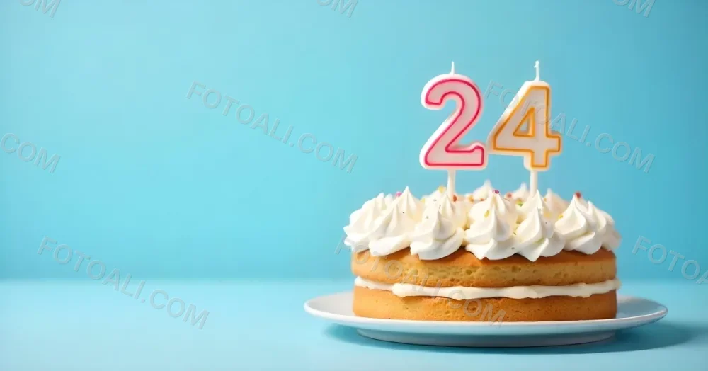 A Birthday Cake With White Frosting And A Candle In The Shape Of The Number 24 Light Blue Background 13 Eb64