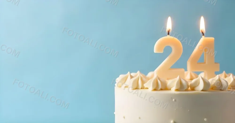 A Birthday Cake With White Frosting And A Candle In The Shape Of The Number 24 Light Blue Background 14 0071