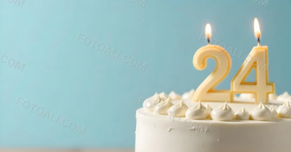 A Birthday Cake With White Frosting And A Candle In The Shape Of The Number 24 Light Blue Background 16 Cfd1