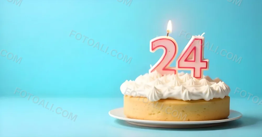 A Birthday Cake With White Frosting And A Candle In The Shape Of The Number 24 Light Blue Background 17 9eba