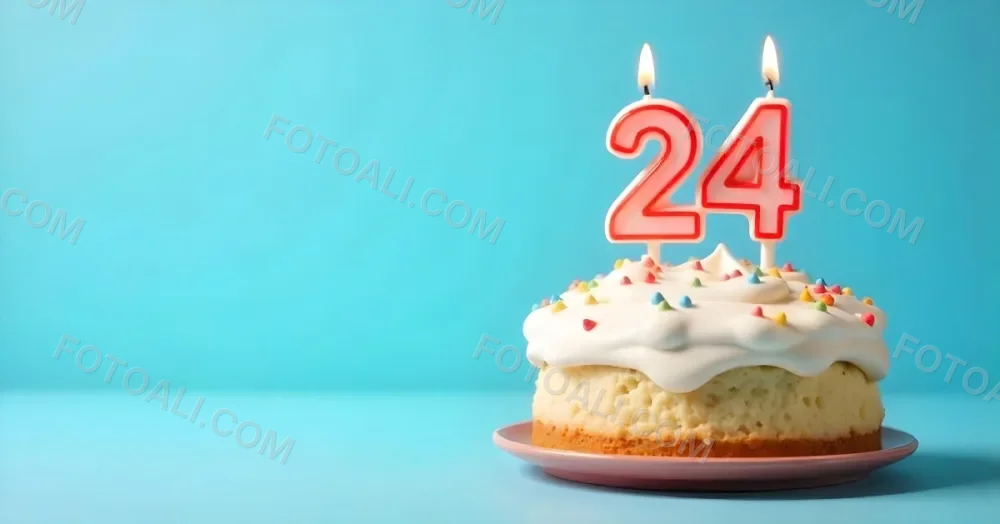 A Birthday Cake With White Frosting And A Candle In The Shape Of The Number 24 Light Blue Background 18 8cbc