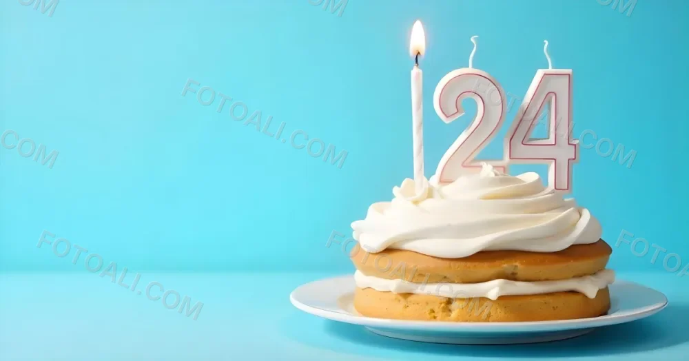 A Birthday Cake With White Frosting And A Candle In The Shape Of The Number 24 Light Blue Background 21 83ce