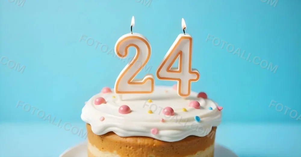 A Birthday Cake With White Frosting And A Candle In The Shape Of The Number 24 Light Blue Background 22 509d