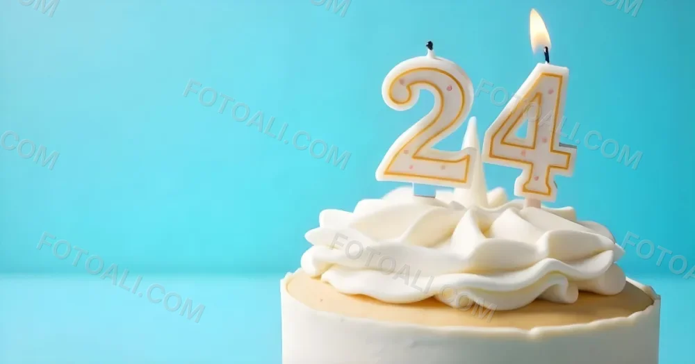 A Birthday Cake With White Frosting And A Candle In The Shape Of The Number 24 Light Blue Background 23 A387